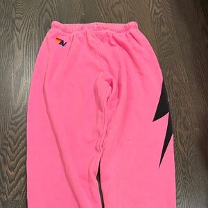 NWT Aviator Nation hot pink black lightning bolt sweatpants SIZE M